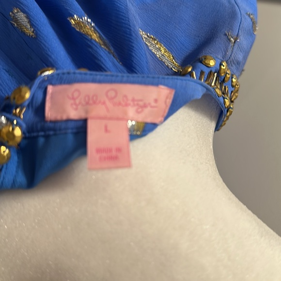 Lilly Pulitzer Ariele Silk Romper Bennet Blue and Gold Long Sleeve - Picture 11 of 11